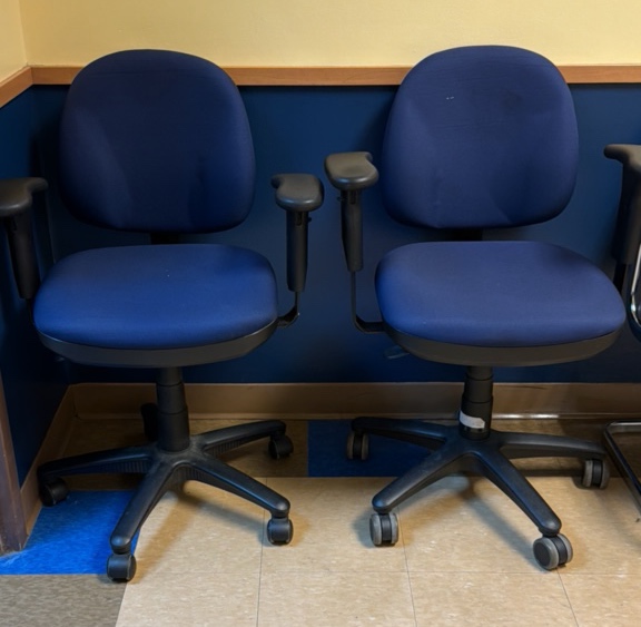 two blue office chairs