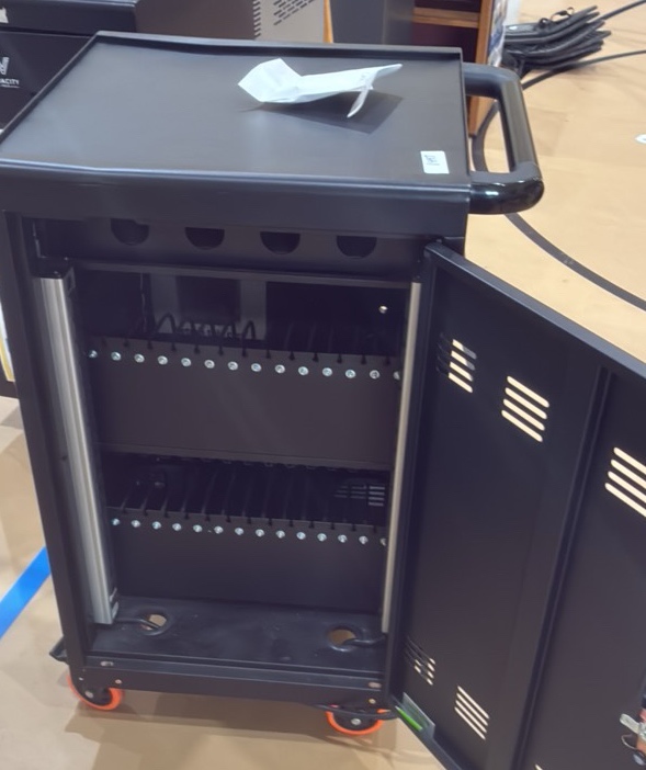 Black Chromebook charging station on wheels