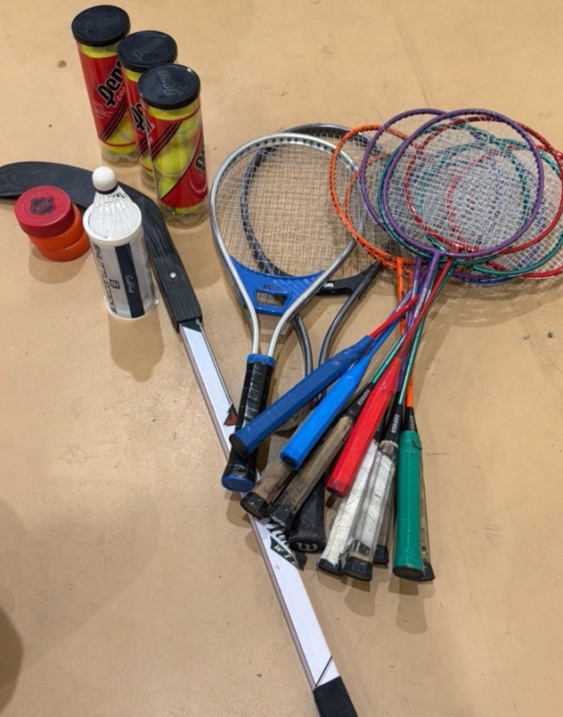 badminton rackets, tennis rackets, tennis balls, knee hockey stick