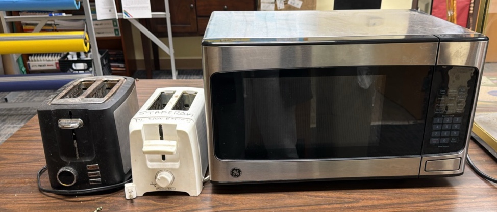 microwave and two toasters