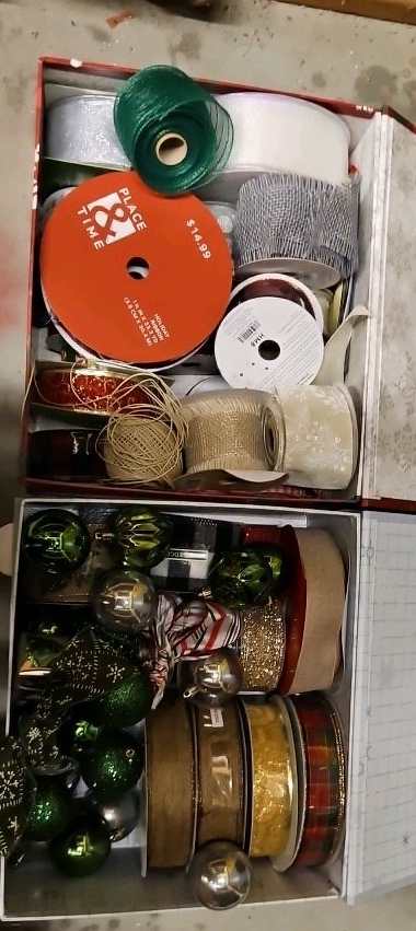 holiday ribbon and Bulbs two boxes