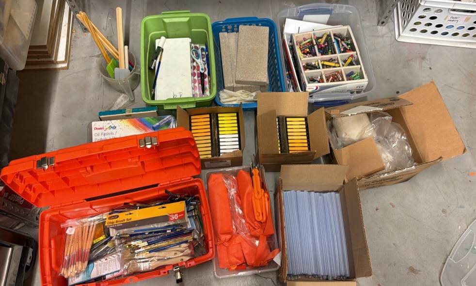 brand new boxes of chalk oil, pastels, watercolors, sending bricks, crayons, large glue sticks, paint brushes, Clay, and cutting tools