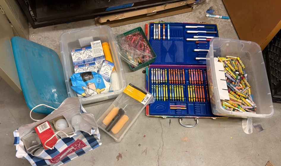 crayons, paint, roller, art paste, and lightbulbs