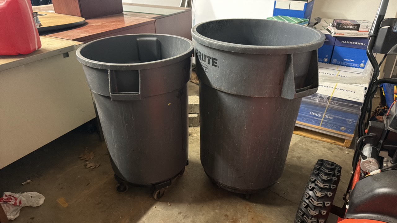 two trash cans on wheels