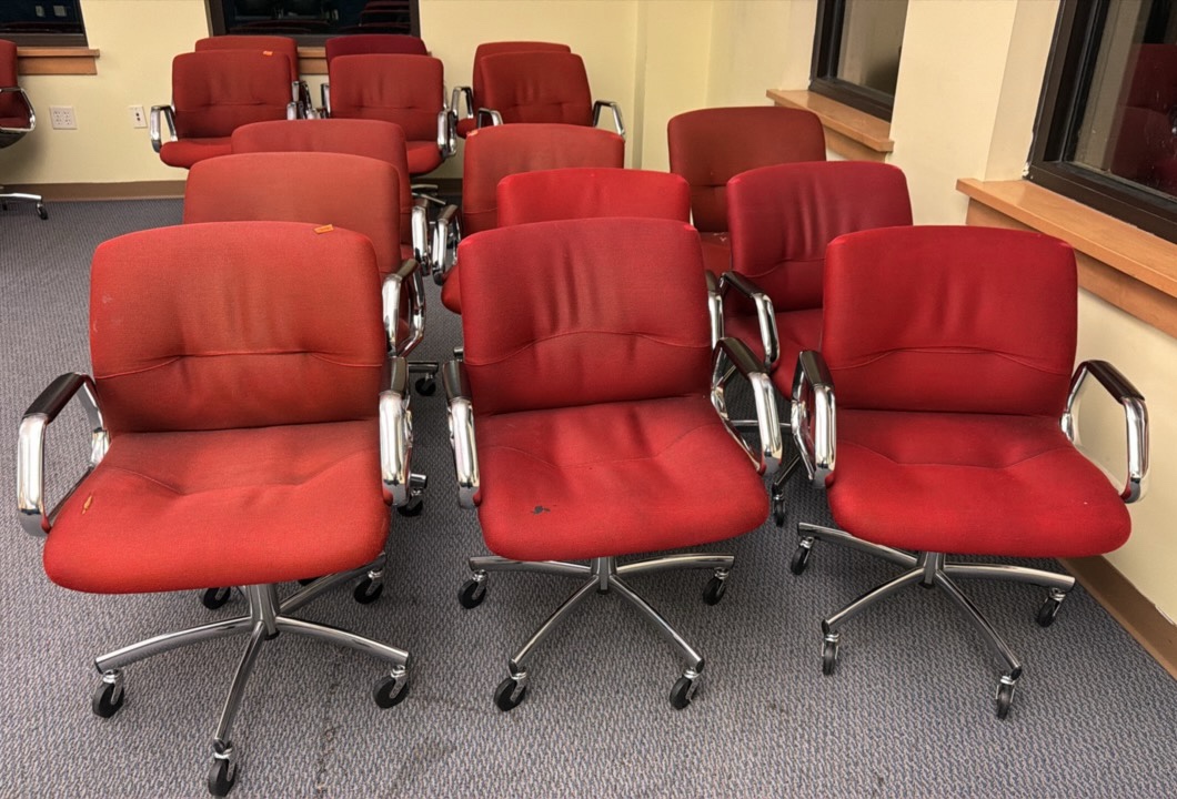 Red chairs, nine chairs and lot