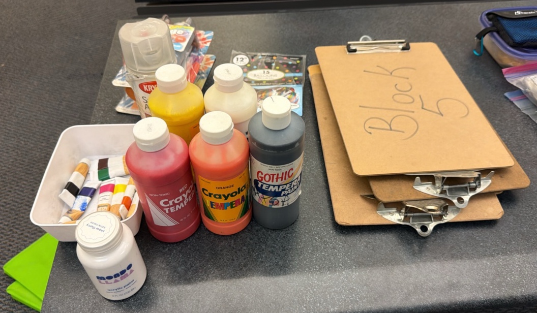 paint balloons, tie-dye, and clipboards