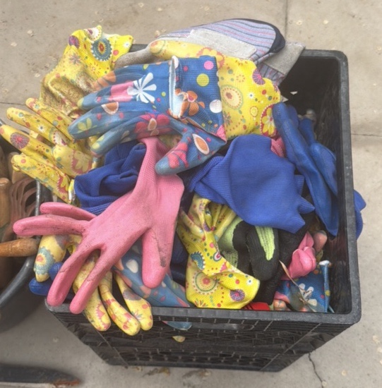Assorted Gardening Hand Tools and Gloves