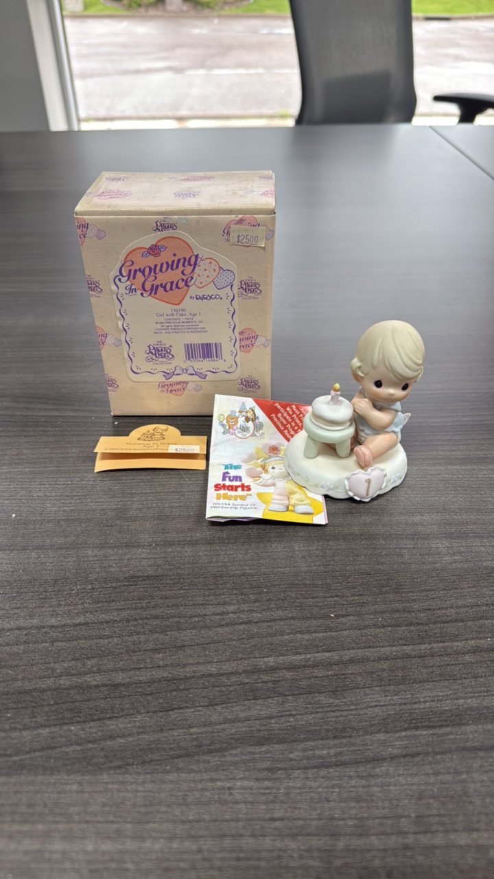 precious moments, 136190 girl with cake age 1