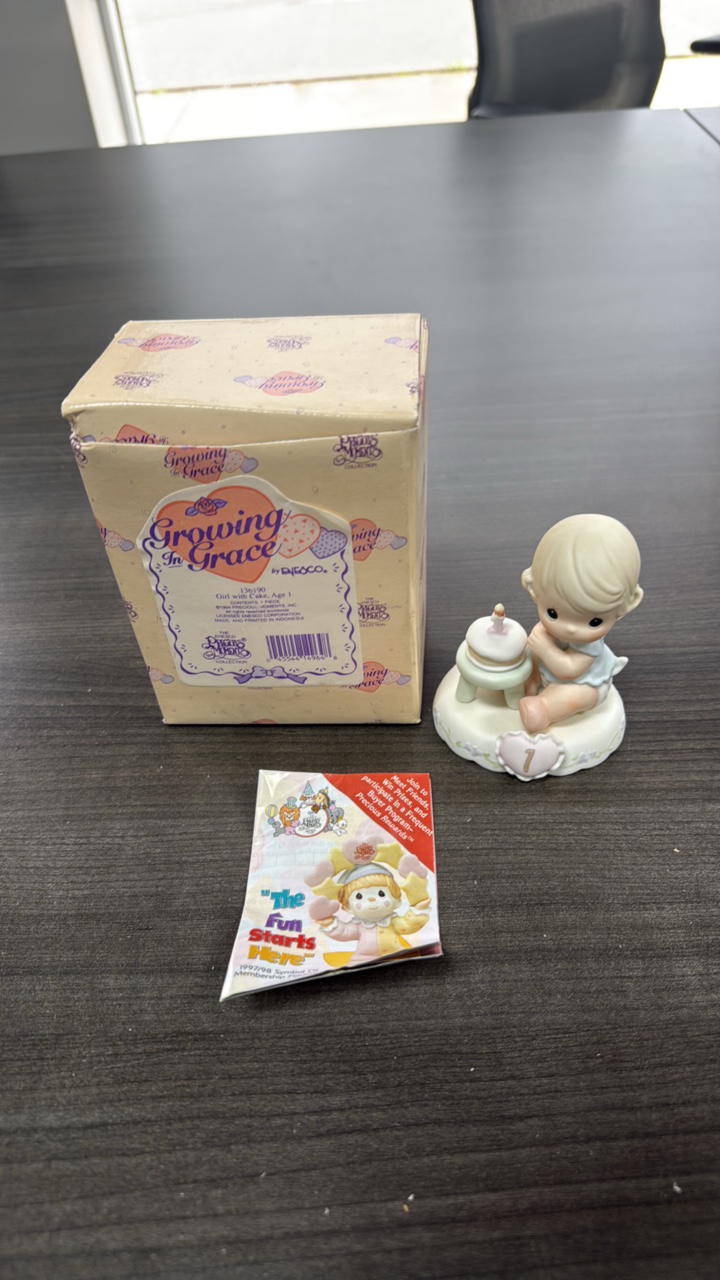 growing in grace, precious moments, 136190, girl with cake age 1 figurine