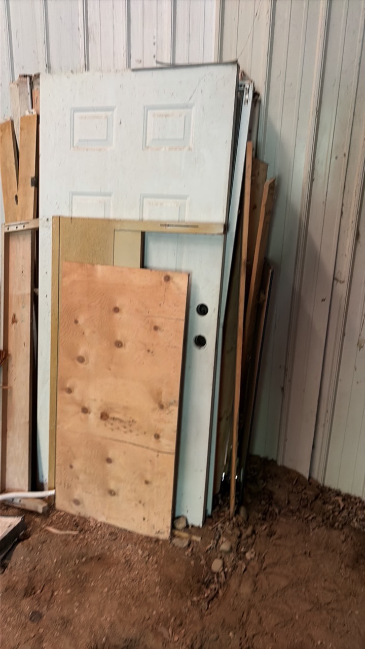 Scrap wood and door pieces.