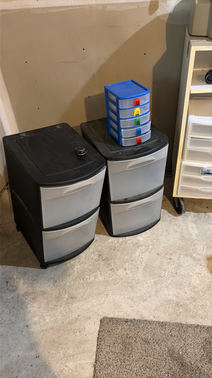 Two storage copies, one with wheel disassembled and faxprinter machine and stand on wheels