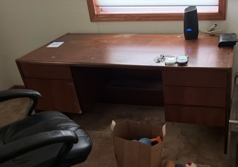 Computer desk, chair, and side table. Contents not included.