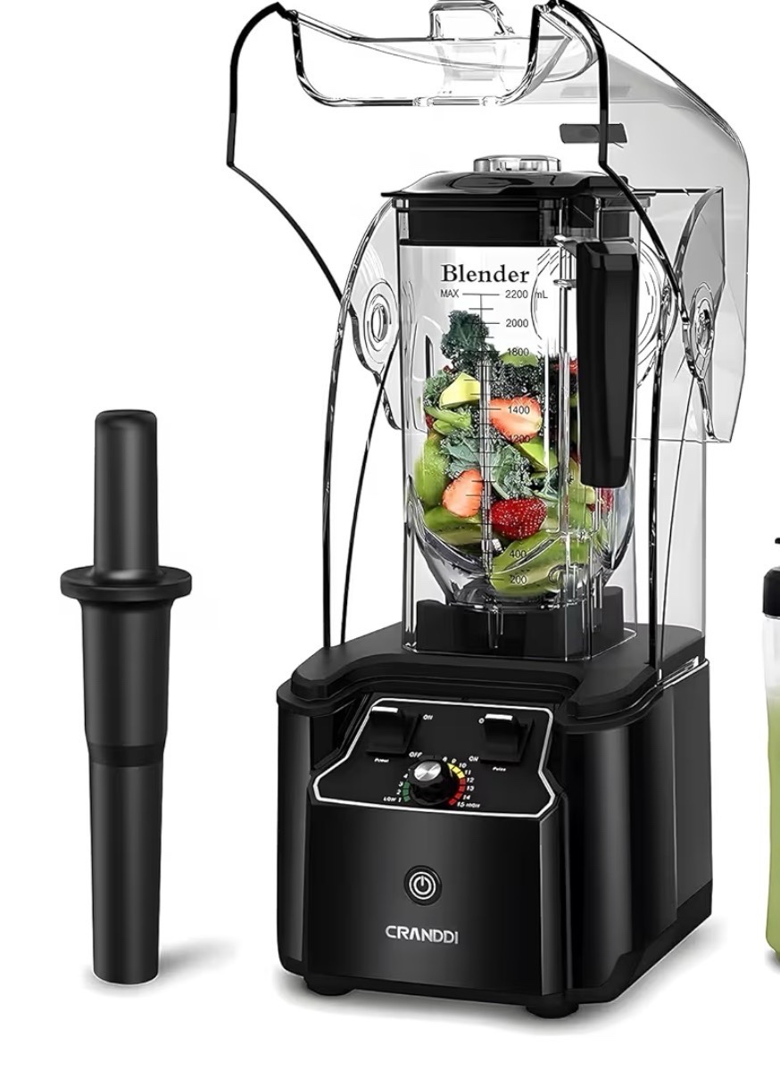 CRANDDI Quiet Commercial Blender with Soundproof Shield, 2200 Watt Professional Blenders for Kitchen with 80oz Jar and Self-Cleaning, High-Speed Blenders K90 Black