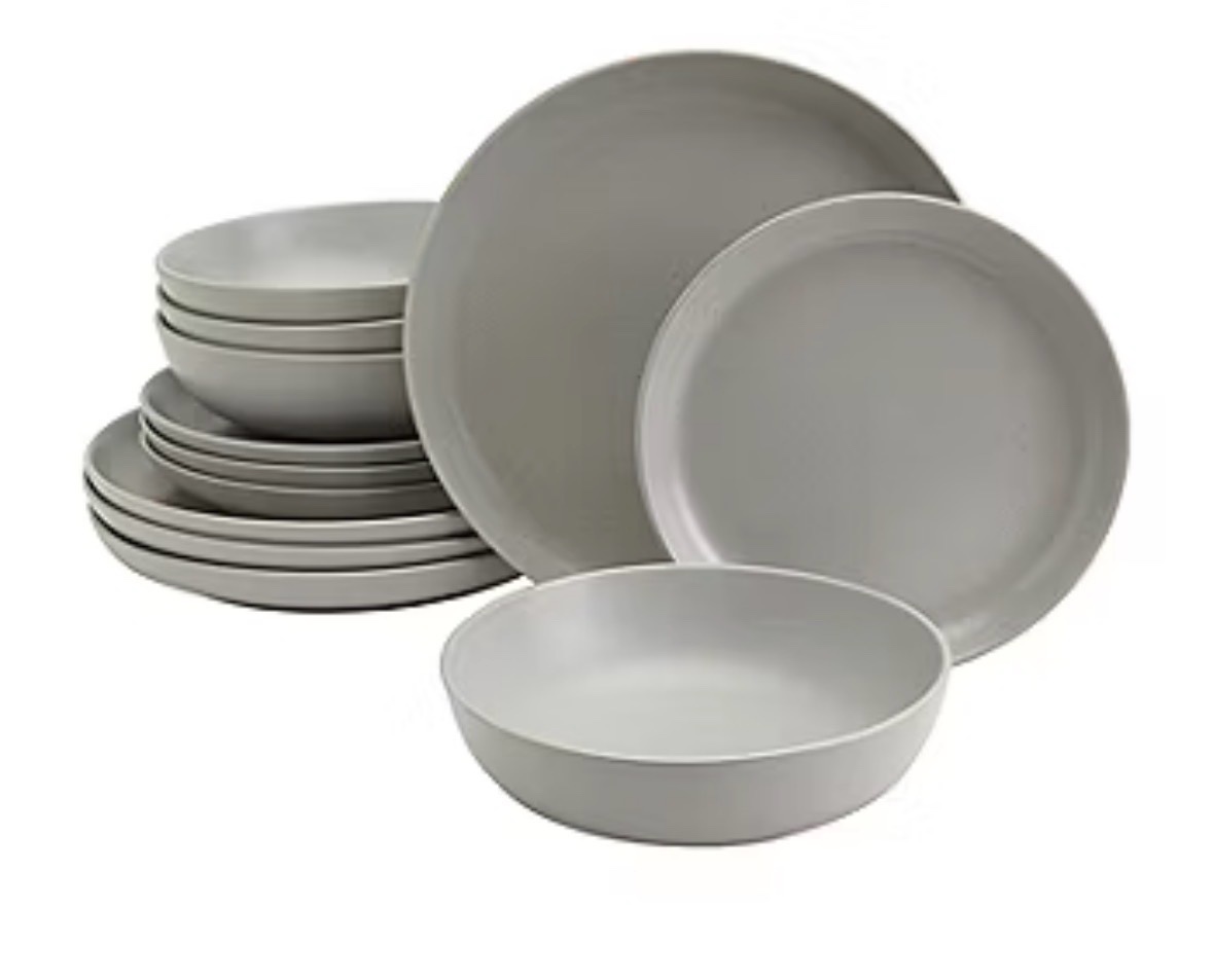 FieldCrest Heritage 12-Piece Dinner Pkate and Bowl Set, Smoke Gray Color, One Large Plate Broken in Transit