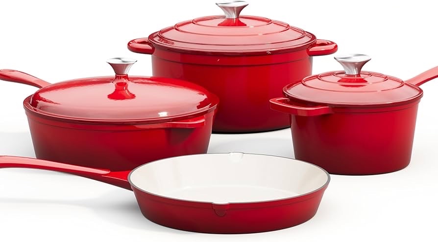 7 Piece Enameled Cast Iron Cookware Set, Induction Dutch Oven Pot with Lid, Color Red - Emerald Non Toxic Pots and Pans set, PFOA-PFOS Free