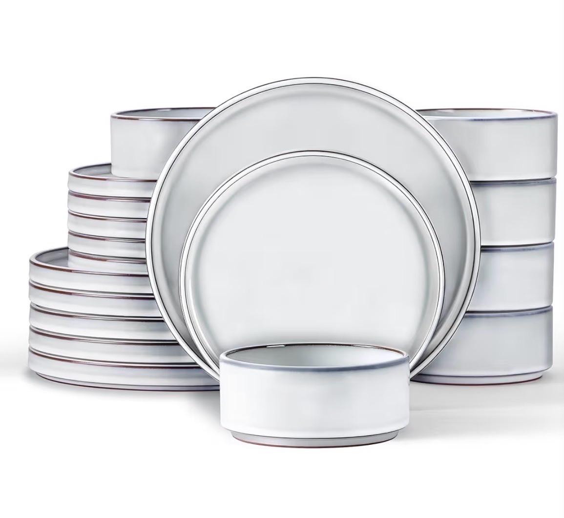 ANYU 18 Piece Dinnerware Sets for 6, Stoneware Dinner Plates and Bowls Set, Dishware Dish for Home Kitchen Dining, Rustic Terracotta Bottom, Dishwasher & Microwave Safe, Lucent White-Blue Accents Color