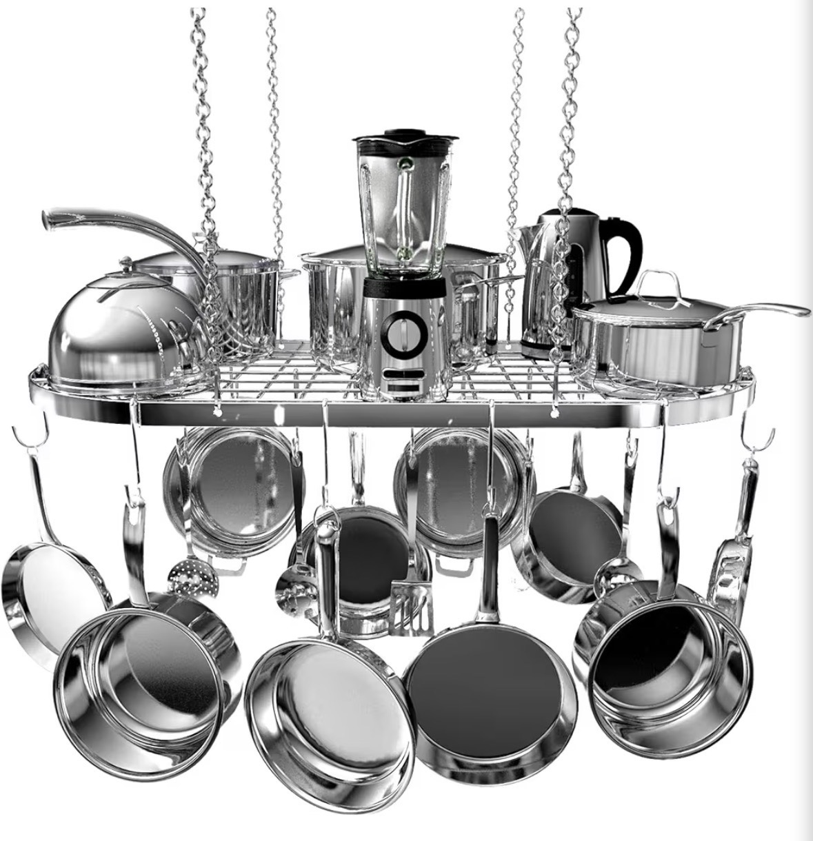 Hanging Pot Rack - Ceiling Mount Kitchen Organizer for Pots and Pans with 15 Hooks - 33 x 17 Inches Heavy-Duty, Durable and Space-Saving Pan Holder - Silver Colored Metal