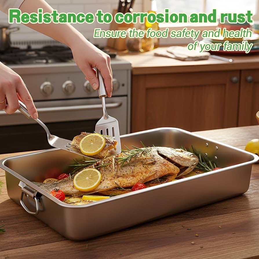 23.5x15.5x4 Roasting Pan Stainless Steel Turkey Roasting Pan Extra Large Thickened Baking Tray with Handle for Christmas Thanksgiving Oven Turkey Roasts Multilayer Lasagna Baked Goods  Retail $66