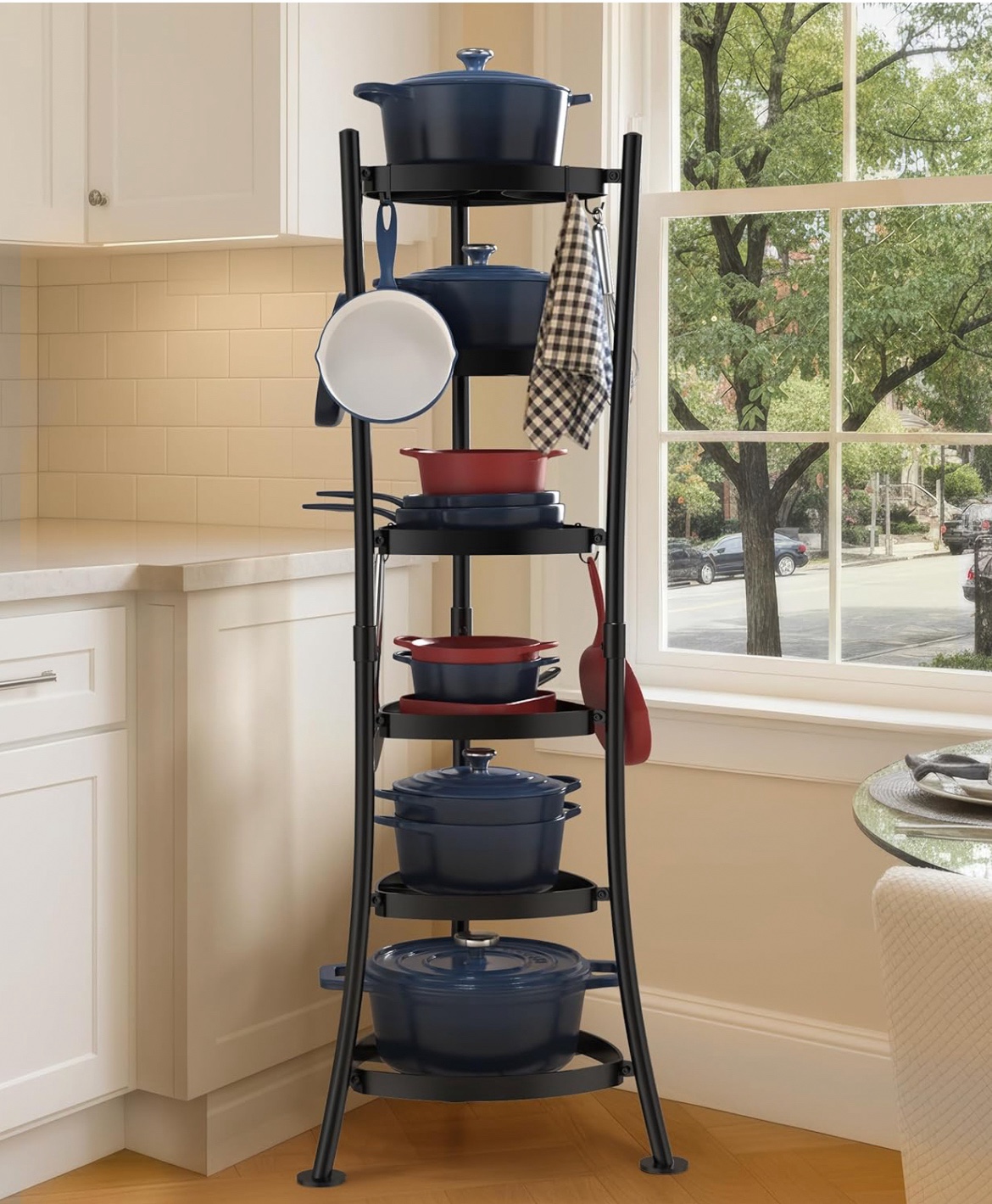 6-Tier - Multi-Tier Storage Rack for Cookware & Accessories - Space-Saving Organizer for Cast Iron, Lids & Kitchen Essentials - Matte Black 264 Lbs Capacity Freestanding Pot Rack, 6-Tier Cast Iron Cookware, Pots and Pans , Stable Base, Anti-tip Strap & Fl