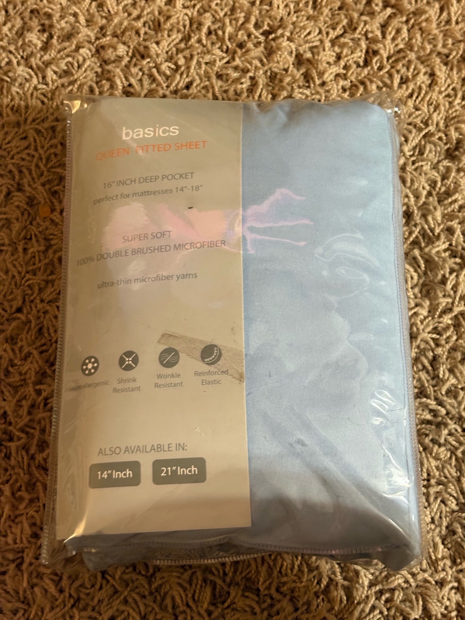 Basics Brand Queen Sized Fitted Sheet Blue Color 16 Inch Deep Pocket, Perfect for Mattresses 14-18 inches deep