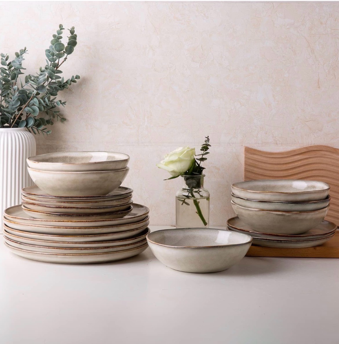 AmorArc Ceramic Dinnerware Sets,Handmade Reactive Glaze Stoneware Plates and Bowls Sets,Highly Scratch Resistant  Dishwasher & Microwave Safe Dishes Set,6 Dinner Plates, 6 Salad Plates, 6 bowls,Service for 6 (18pc)  Retail 104