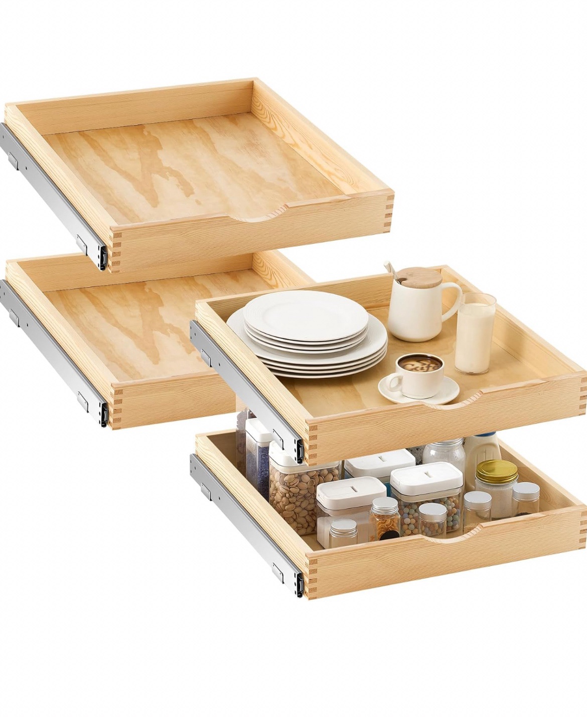4 Pack Wooden Pull out Tray Cabinet Organizer 21x21 Gentle Close Roll out Shelves for Kitchen Cabinets Fully Assembled Slide Pantry Shelves (21 X 21)  Retail $190