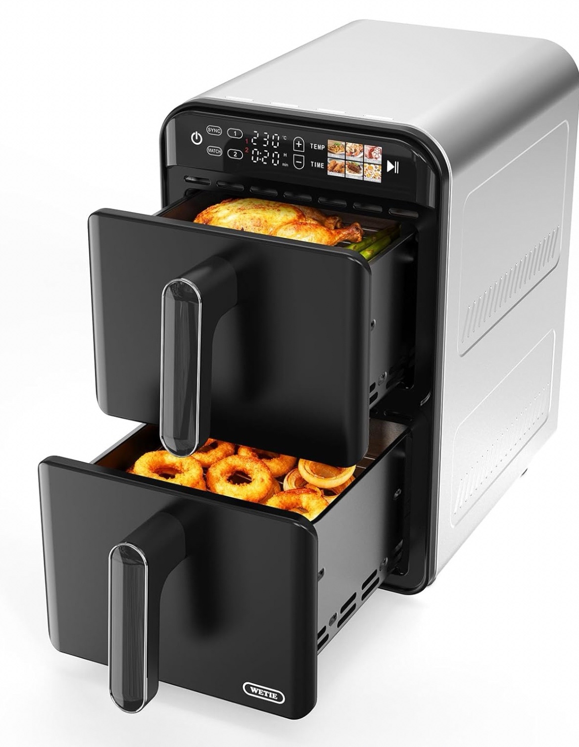 11.6QT Dual Basket Air Fryer Oven, Vertical 2-Basket Design, 6-in-1 Presets Function with Digital Touchscreen, Sync & Match, Easy to Clean, Dishwasher Safe, Family Meals Retail $159