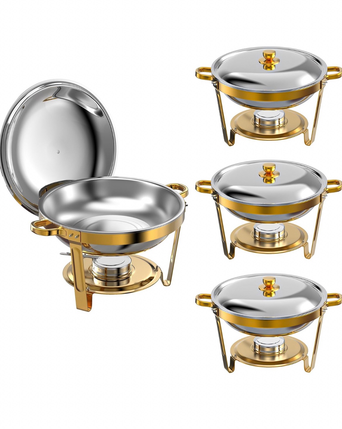 Chafing Dishes for Buffet 4 Pack, 5Qt Round Stainless Steel Chafing Dishes Elegant and Smooth Stainless Steel Chafing Dish Buffet Set for Weddings, Parties and Catering, Gold