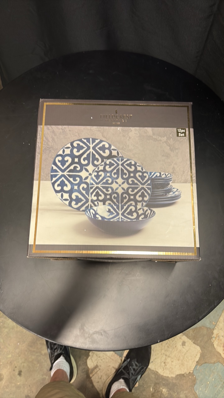 FieldCrest Brand Dish Set, 12 Pieces, Bowls and Plates, Decorative Blue and White Design, includes 4 dinner plates, 4 salad plates and 4 dinner bowls