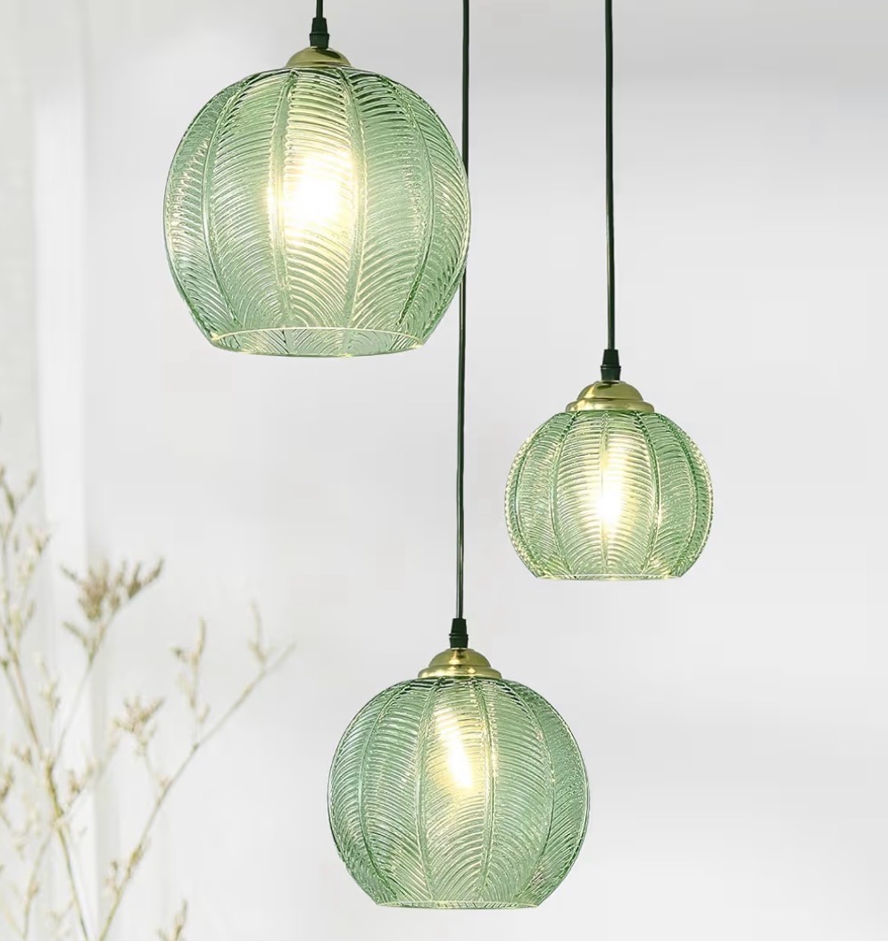 3-Light Glass Globe Light for Kitchen Island, Mid-Century Modern Pendant Ball C handelier with Green Ribbed Lampshade, Vintage Hanging Ceiling Light Fixture for Dining Room, Over Sink, Table
