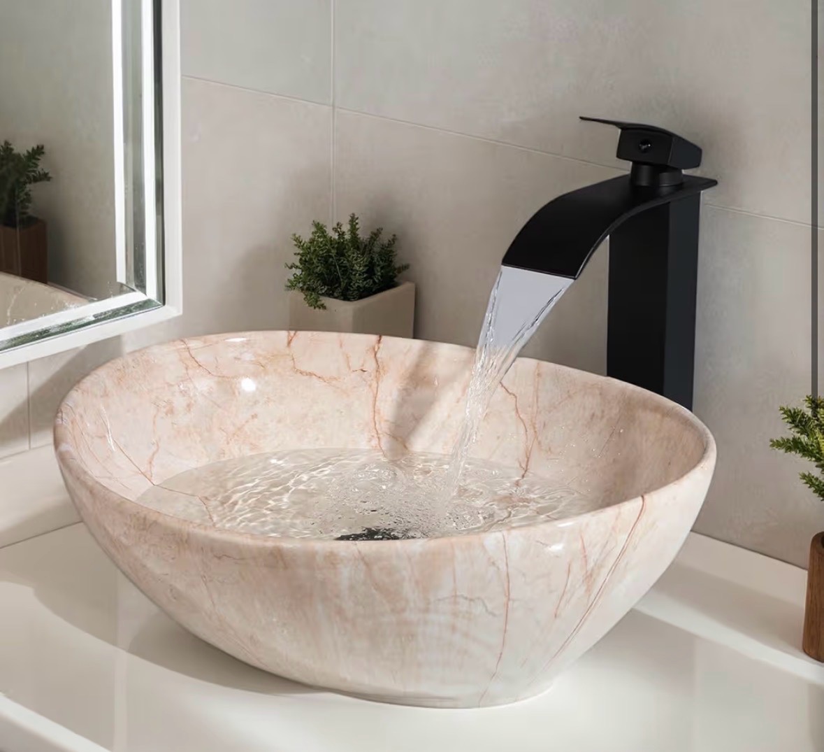 Oval Marbling Vessel Sink with Waterfall Faucet and Pop-up Drain Ceramic Bathroom Sink Above Counter Bowl Sinks for Bathrooms