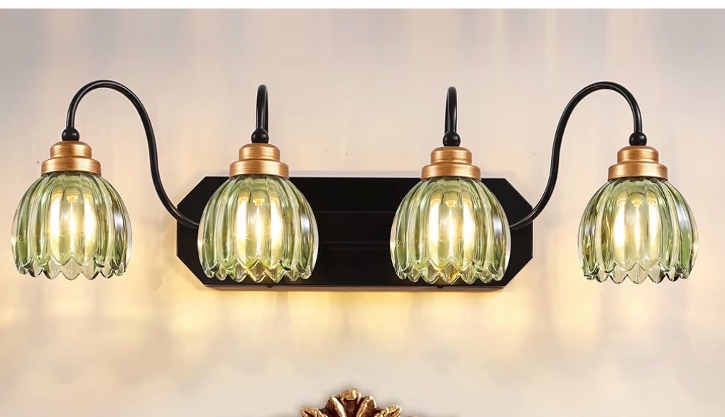 Vintage Bathroom Vanity Light, 4 Light Bathroom Lighting Fixtures Over Mirror, Mid Century Style Farmhouse Light Fixtures with Green Glass Shades, Black Finish Wall Mount for Bedroom , Living Room Retail $140.00