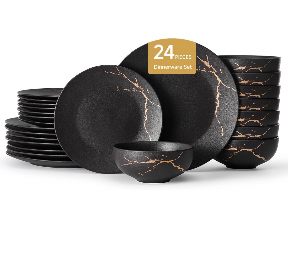 Dinnerware Sets for 8, Black & Gold Plates and Bowls Sets Matte Vein Dish Set, Modern Luxury Tableware Dinner Salad Plate bowl, for Home Wedding Party Gifts (24 Piece)