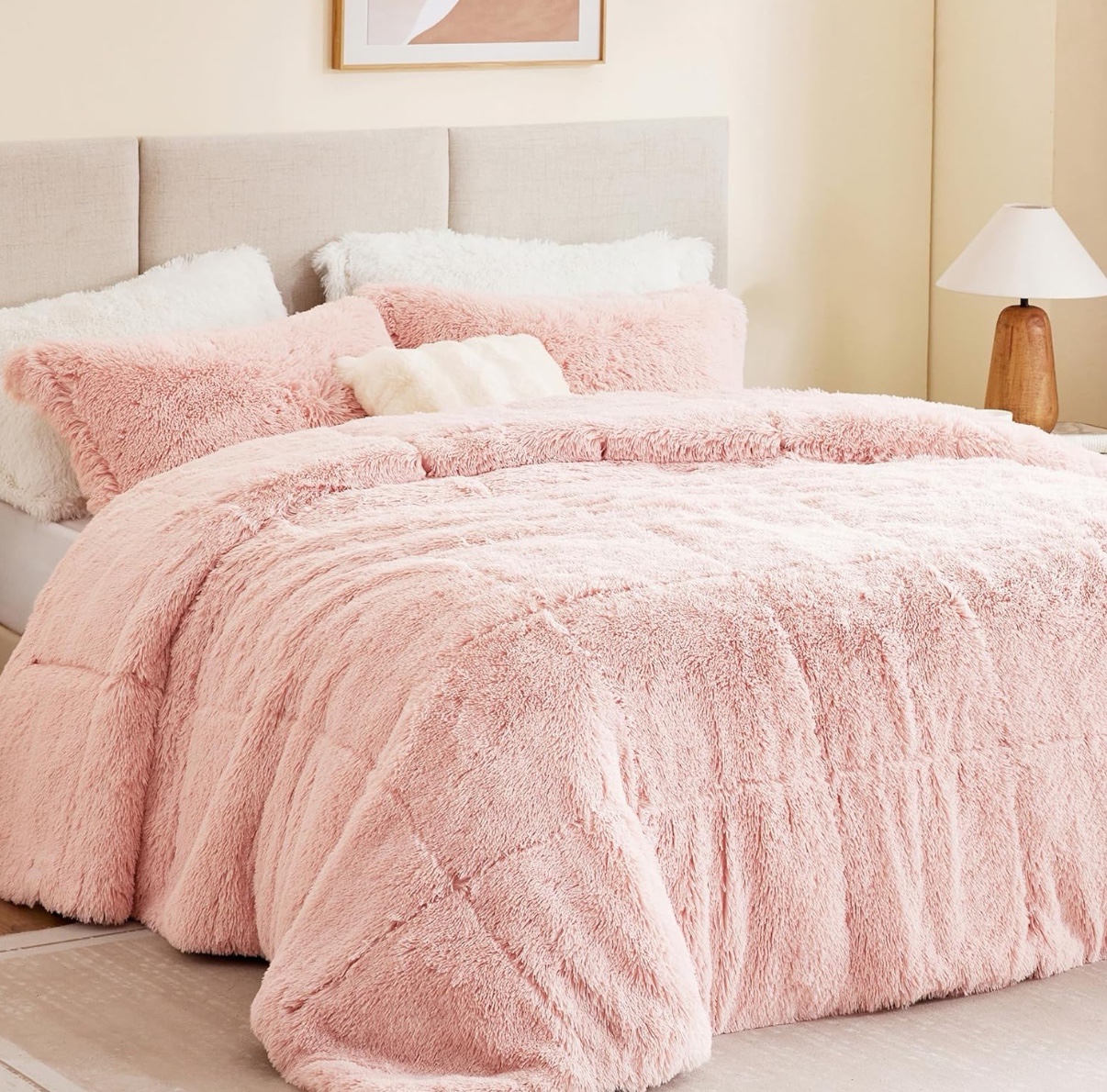 FullQueen - Intelligent Design Malea Shaggy Comforter Set, Long Faux Fur Cozy Down Alternative, Modern Casual Ultra Soft All Season Fluffy Bedding with Matching Sham, FullQueen, Blush 3 Piece - Blush Color - Retail $75 - 1 Comforter 2 Shams