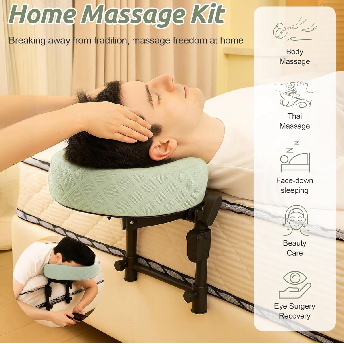 Massage Headrest for Bed, Adjustable Massage Face Cradle at Home, Portable Massage Table Kit for Sleeping Mattress, Face Down Pillow After Eye Surgery - Color Green