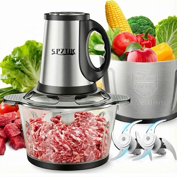 3-Speed Electric Food Processor Meat Grinder, Vegetable Chopper & Baby Food Maker - 300W, 2 Bowls (8 Cup Stainless Steel8 Cup Glass), Quiet Operation