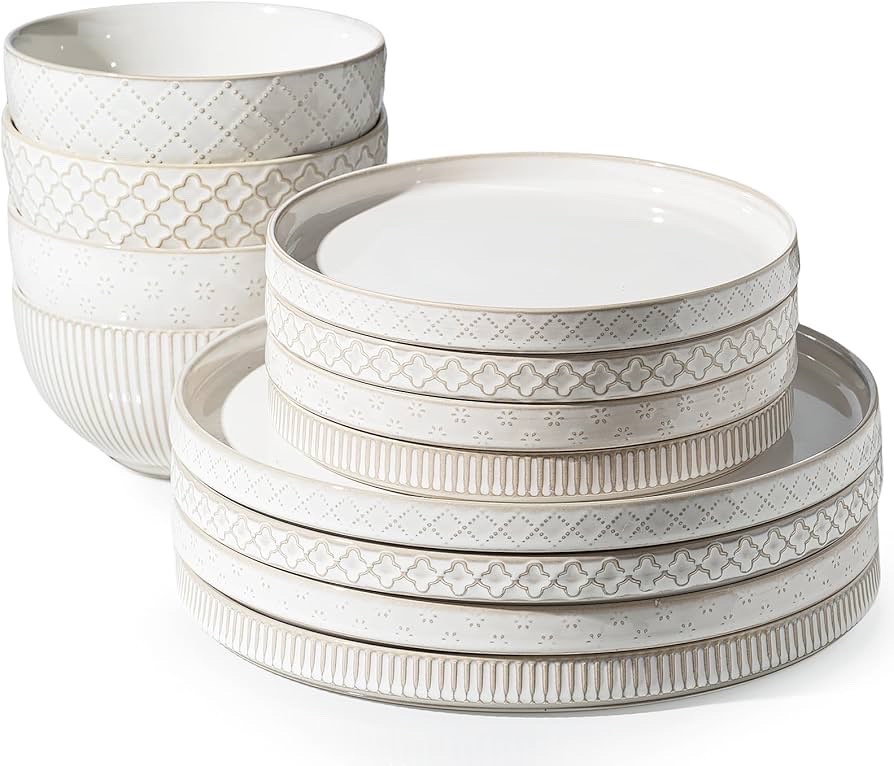 Getstar Dinnerware Sets, Plates and Bowls Sets (10.5 Dish  8 Dish  6 Bowl) for 4, Microwave and Dishwasher Safe, Ceramic Dinnerware Set (12 Piece)