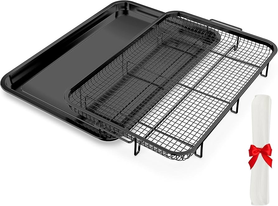 Air Fryer Basket for Oven, OPENICE 18.6 x 12.8 Air Fryer Basket and Tray Set, Extra Large Stainless Steel Air Fryer Pan Crisper Tray for Crisping Fried, Chicken, Bacon - Black