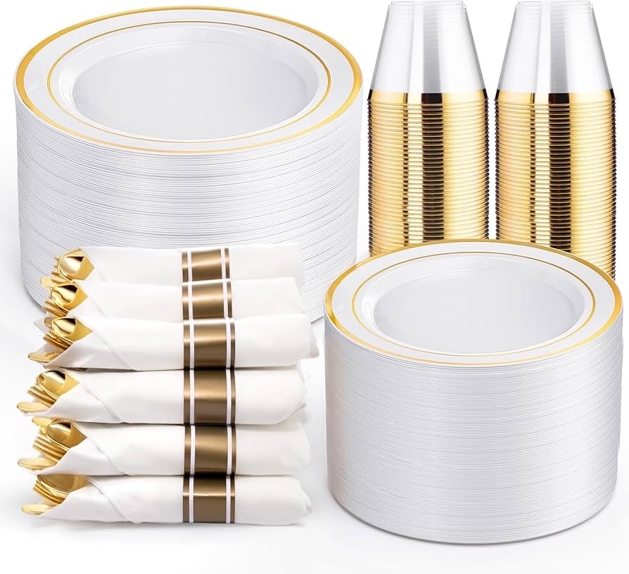 Gold Disposable Plates and Cutlery Set- 700 Pieces - Set for 100 people -  - Premium 10.25 Dinner Plates, 7.5 Dessert Plates, 9oz Cups & Cutlery for Weddings, Catering Events