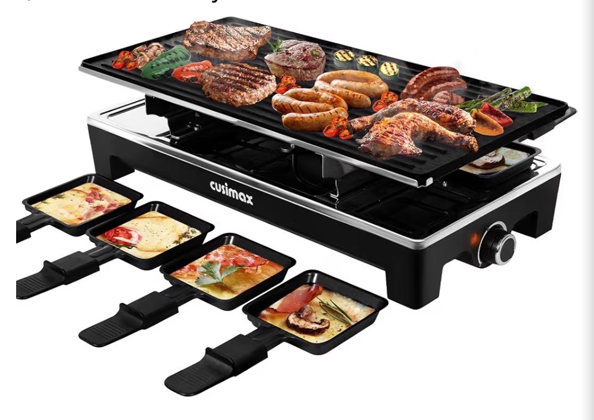 CUSIMAX Raclette Grill Electric Grill Table Portable 2 in 1 Korean BBQ Grill Indoor & Cheese Raclette, Reversible Non-stick plate, Crepe Maker with Adjustable temperature control and 8 Paddles, New in Box, Black Color