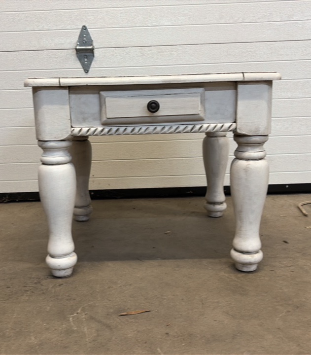 Vintage End Table With One Drawer, Painted White and Distressed