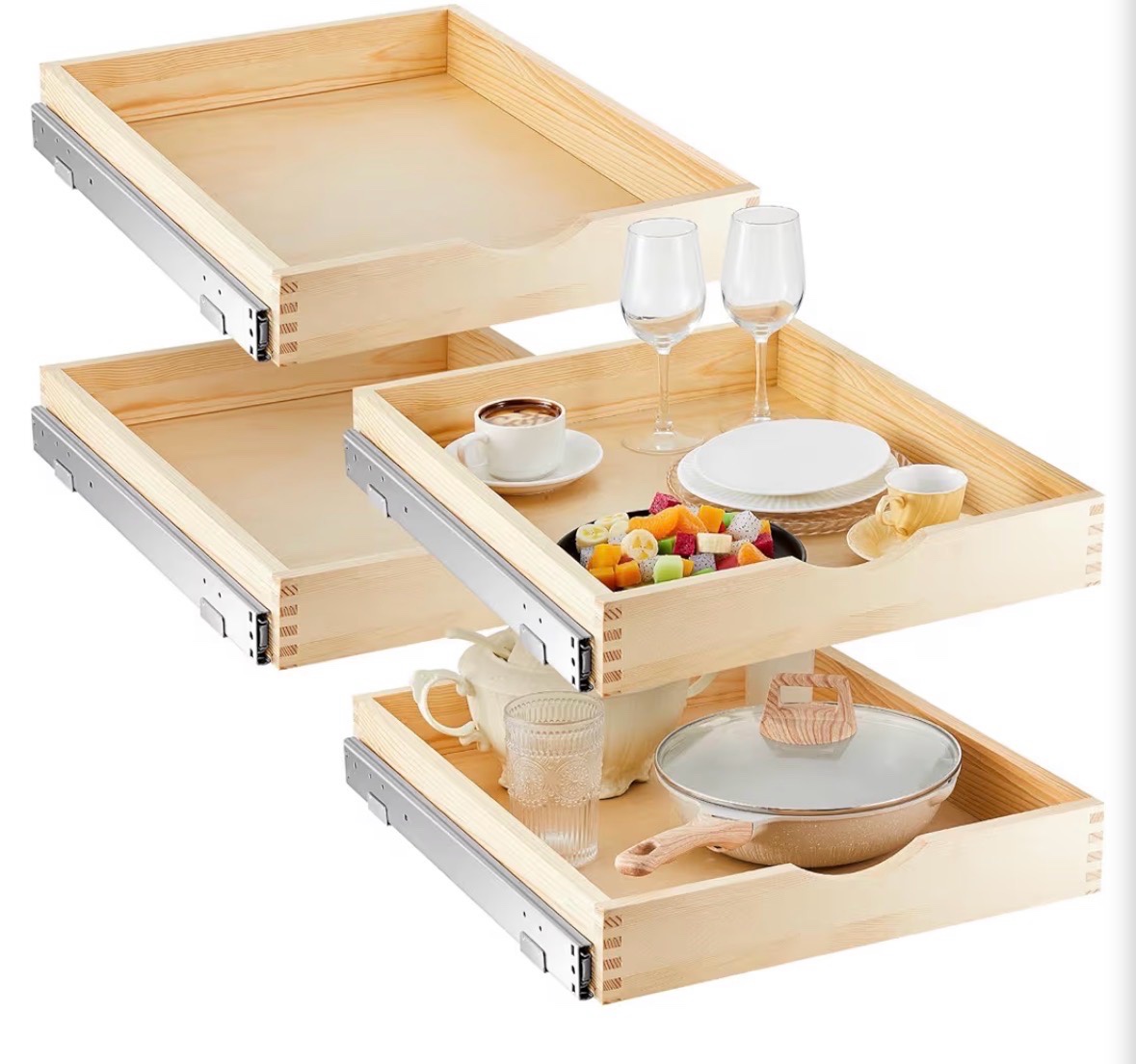 4 Pack Wooden Pull out Tray Cabinet Organizer Gentle Close Roll out Shelves for Kitchen Cabinets Fully Assembled Slide Pantry Shelves (18 X 21) Can be Used as Elegant Serving Trays