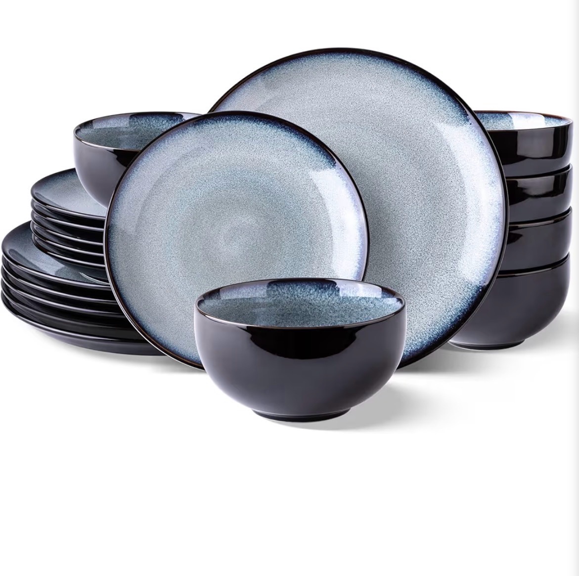 LeRatio Ceramic Dinnerware Sets for 6,Stoneware Plates and Bowls Sets,Handmade Reactive Glaze Dishes Set,Chip Resistant and Scratch Resistant  Oven&Dishwasher & Microwave Safe-Gray White(18PCS)