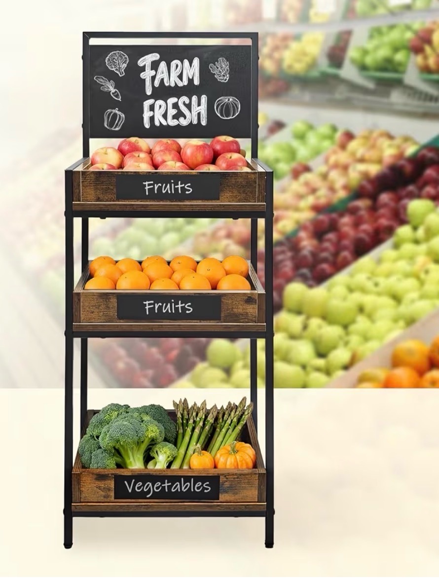 Fruit and Vegetable Stand with Wood Trays, Bakery Display Rack, Bread Display Shelf, 3-Tier Vintage Metal Design with Woodboard Signs, for Kitchen, Office, Store, Supremarket