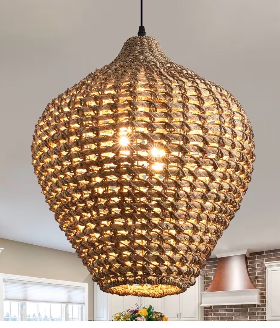 15.75 Rattan Pendant Light,2-Light Boho Hand Woven Coastal Wicker Hanging Ceiling Chandeliers,for Kitchen Island, Dining Room, Farmhouse,Foyer