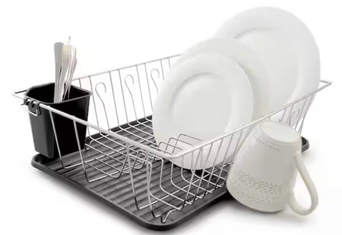 Steel 3-Piece Large Countertop Dish Drainer with Drain Board & Utensil Holder