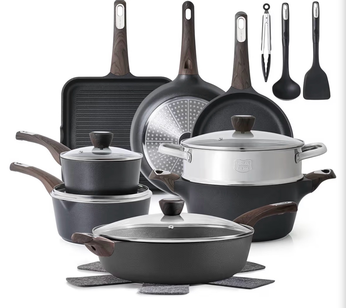 SENSARTE Pots and Pans Set Nonstick, 20 Pcs Induction Cookware Sets, Non-toxic Healthy Non Stick Kitchen Cooking Set with Stay-Cool Handles, PFOA PFOS Free, Black Color