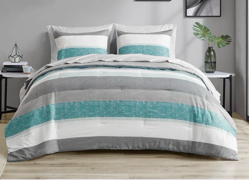 Madison Park Essentials Jaxon Stripe Antimicrobial Comforter Set with Bed Sheets Bed in a Bag Aqua and Grey Color Sequence