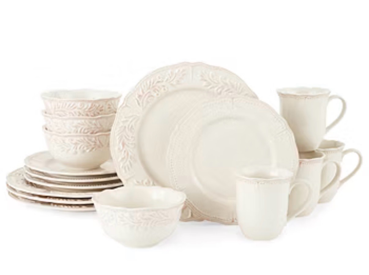 Linden Street Amberly 16-pc. Stoneware Dinnerware Set - cream color with pink accents - microwave and dishwasher safe  4 dinner plates 4 salad plate 4 bowls and 4 coffee mugs - Retail $220