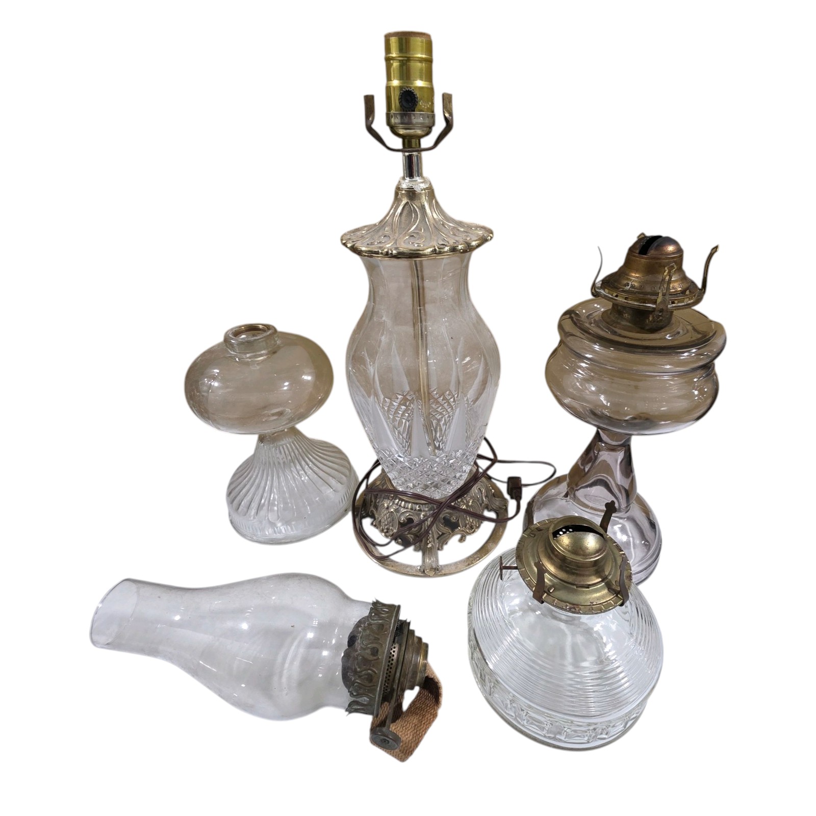 Vintage Glass Oil Lamps & Cut Glass Table Lamp Parts Lot